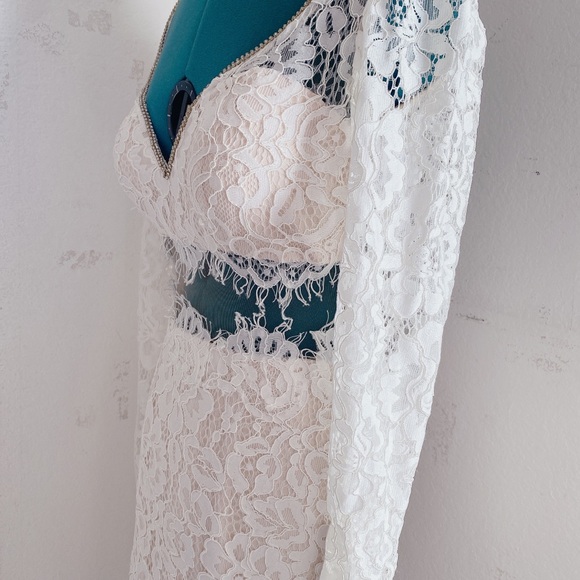 JUSTIN & ASHLEY LACE IVORY BEIGE MERMAID TWO-PIECE WEDDING DRESS SZ 8 - Picture 5 of 9